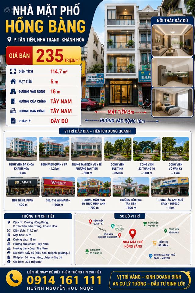 Bán nhà mặt phố hồng bàng, 235 triệu/ m2, 114,7 m2, tân tiến, nha trang