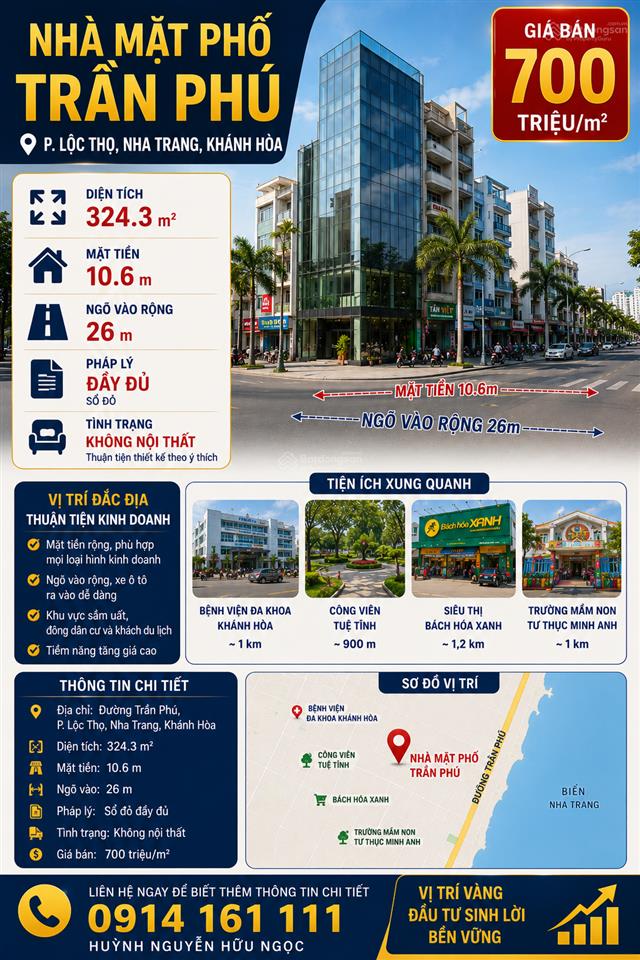 Nhà mặt phố trần phú, 700 triệu / m2, 324.3m2, lộc thọ, nha trang, khánh hòa