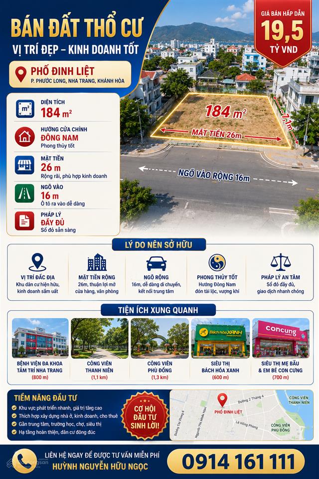 Bán đất tại phố đinh liệt, phường phước long, nha trang, giá tốt 19,5 tỷ, 184 m², view đẹp