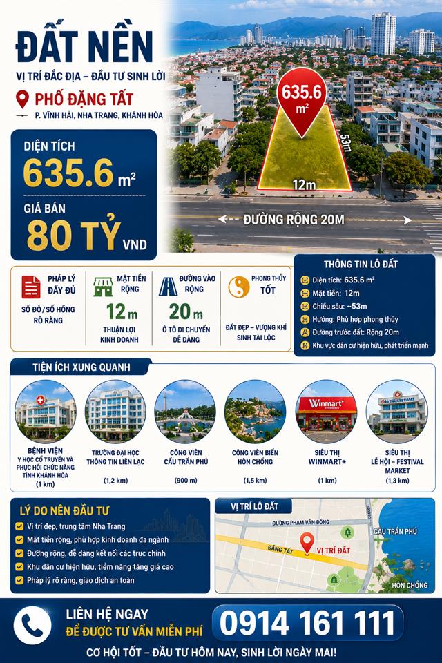 Bán đất tại phố đặng tất, phường vĩnh hải, nha trang, 80 tỷ, 635,6 m2, giá tốt