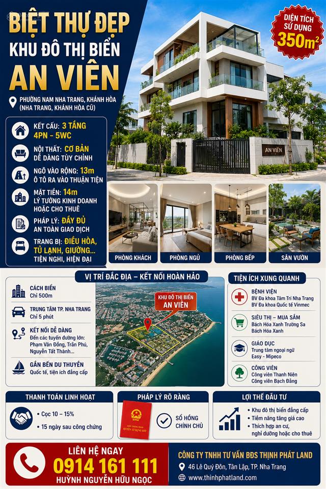 Bán biệt thự mặt biển tại khu đô thị biển an viên, 250 triệu / m2, 350m2