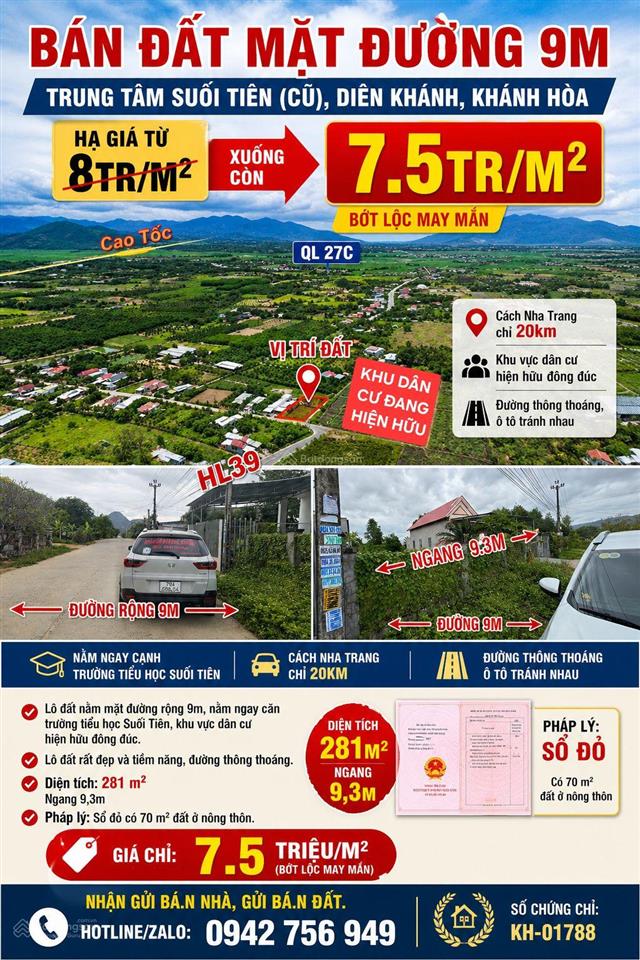 Hạ giá từ 8tr/m2 xuống còn 7.5tr/m2. bán đất mặt đường 9m, trung tâm suối tiên (cũ), diên khánh