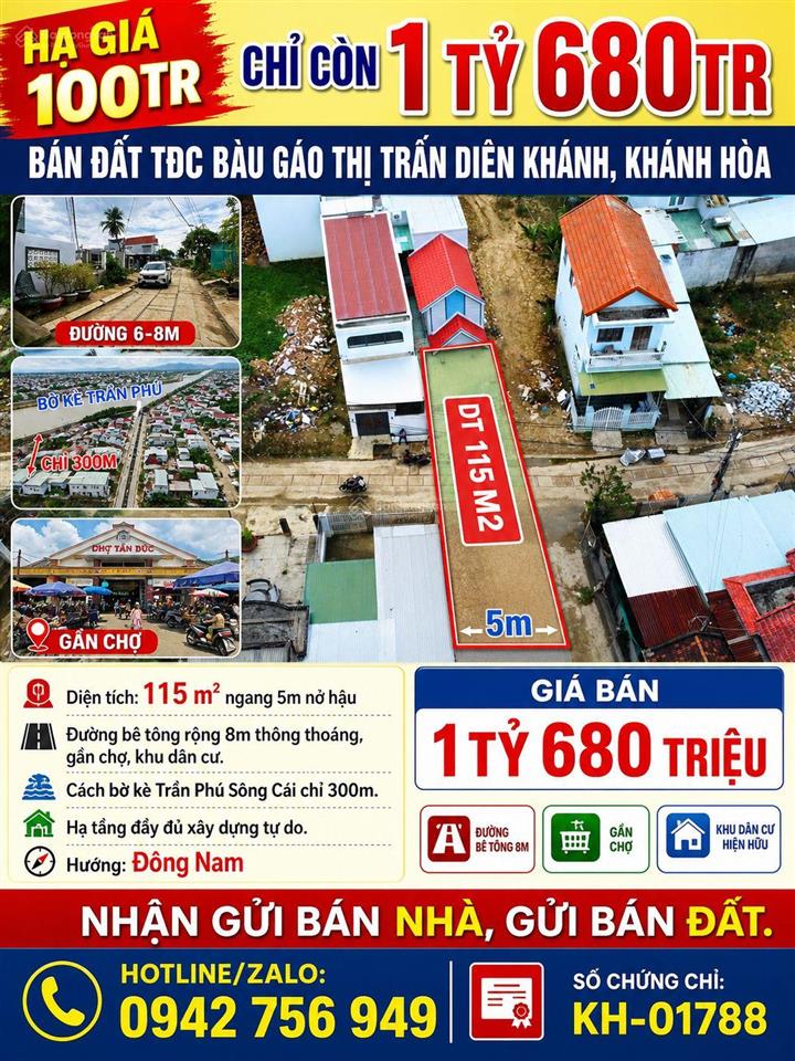 Hạ giá 100tr chỉ còn 1 tỷ 680tr[rrrr]bán đất tđc bàu gáo thị trấn diên khánh, khánh hòa.