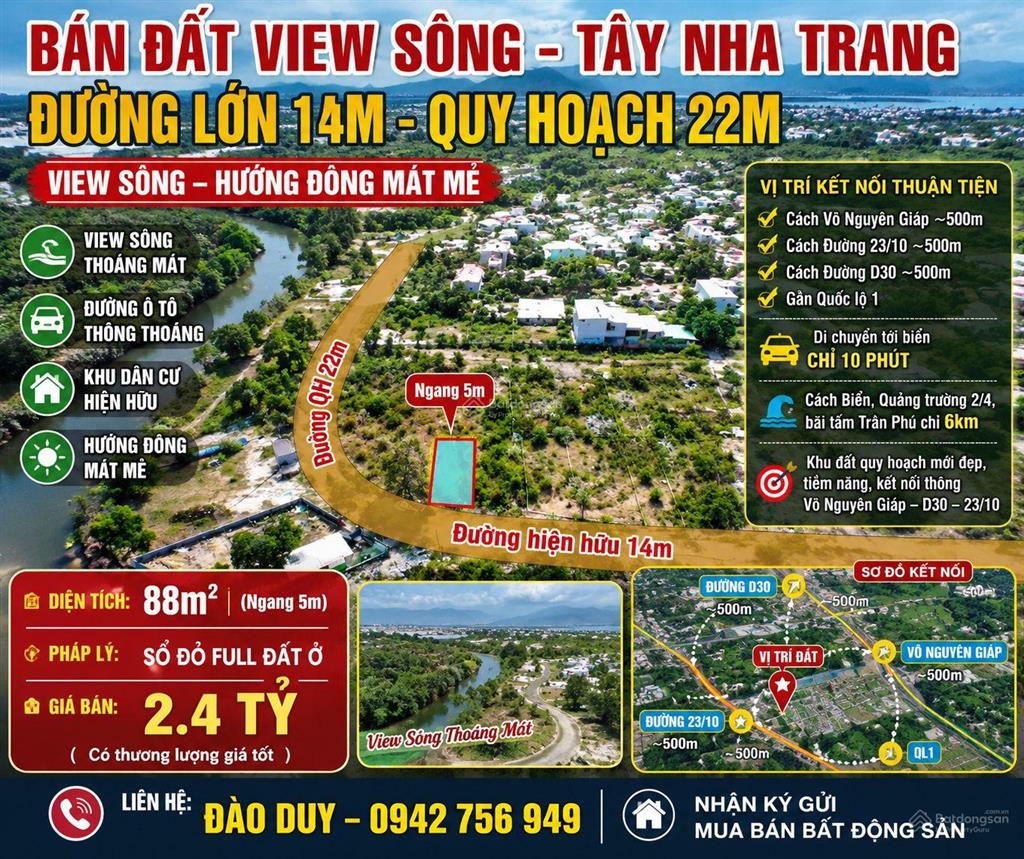 Bán đất đẹp, đường lớn, rộng 14m, quy hoạch 22m, view sông, tây nha trang, khánh hoà.