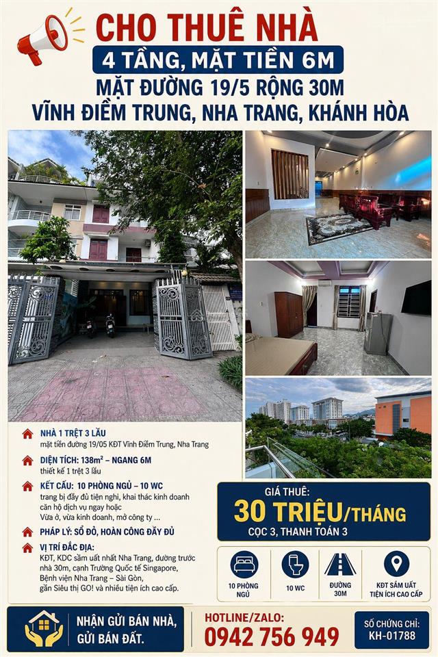 Cho thuê nhà 4 tầng, mặt tiền 6m, mặt đường 19/5 rộng 30m, vĩnh điềm trung, nha trang, khánh hòa.