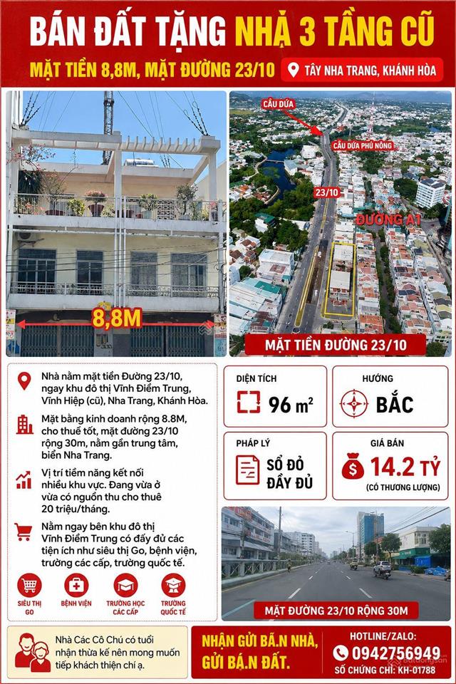 Bán đất tặng nhà 3 tầng cũ, mặt tiền 8,8m, mặt đường 23/10, tây nha trang, khánh hòa.