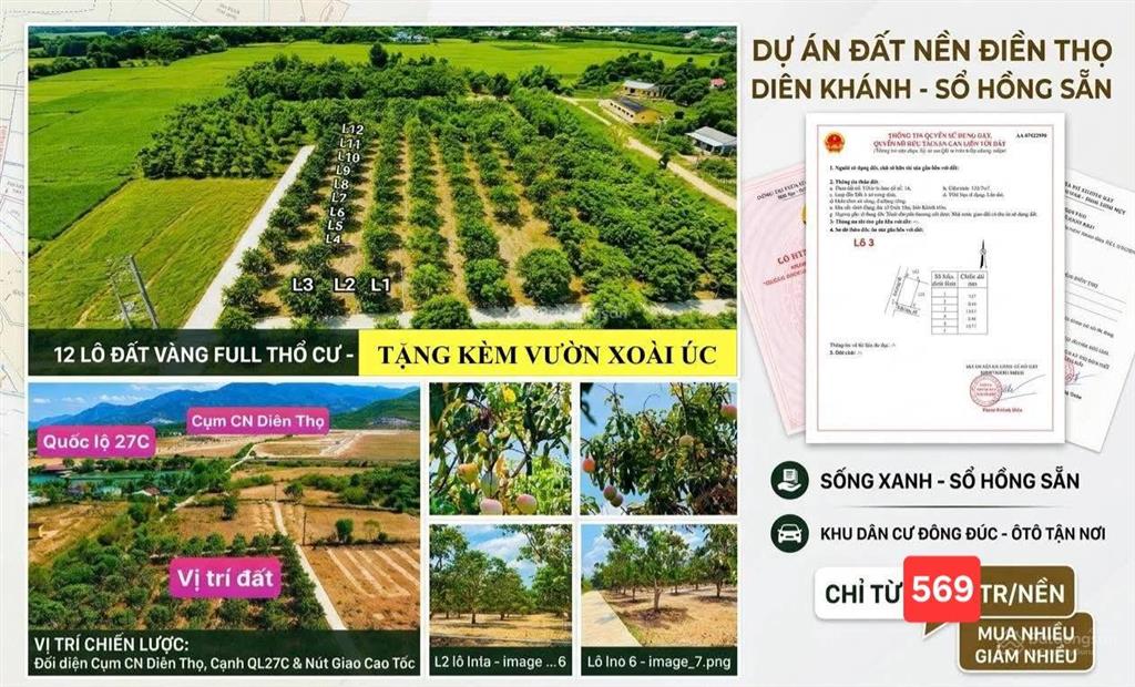 Diên thọ diên khánh  lô full thổ cư. vị trí tiềm năng, sổ hồng sẵn