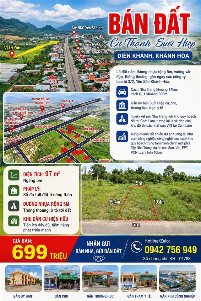 Bán đất full thổ cư, đường oto 5m thông, cư thạnh, suối hiệp, diên khánh, khánh hòa.