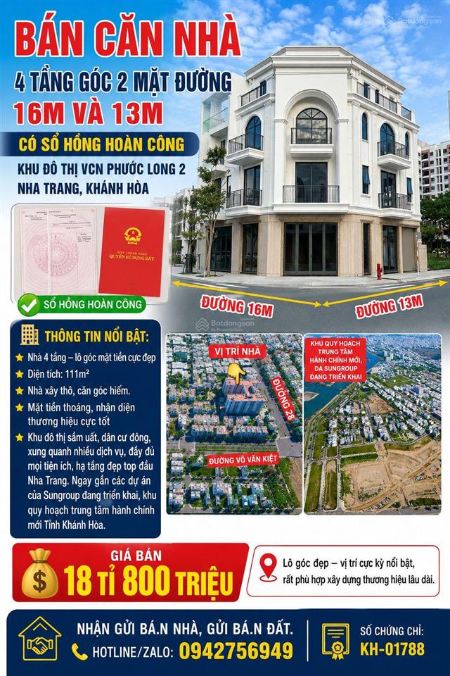 Bán căn nhà 4 tầng góc 2 mặt đường 16m và 13m, có sổ hồng hoàn công,kđt vcn phước long 2, nha trang