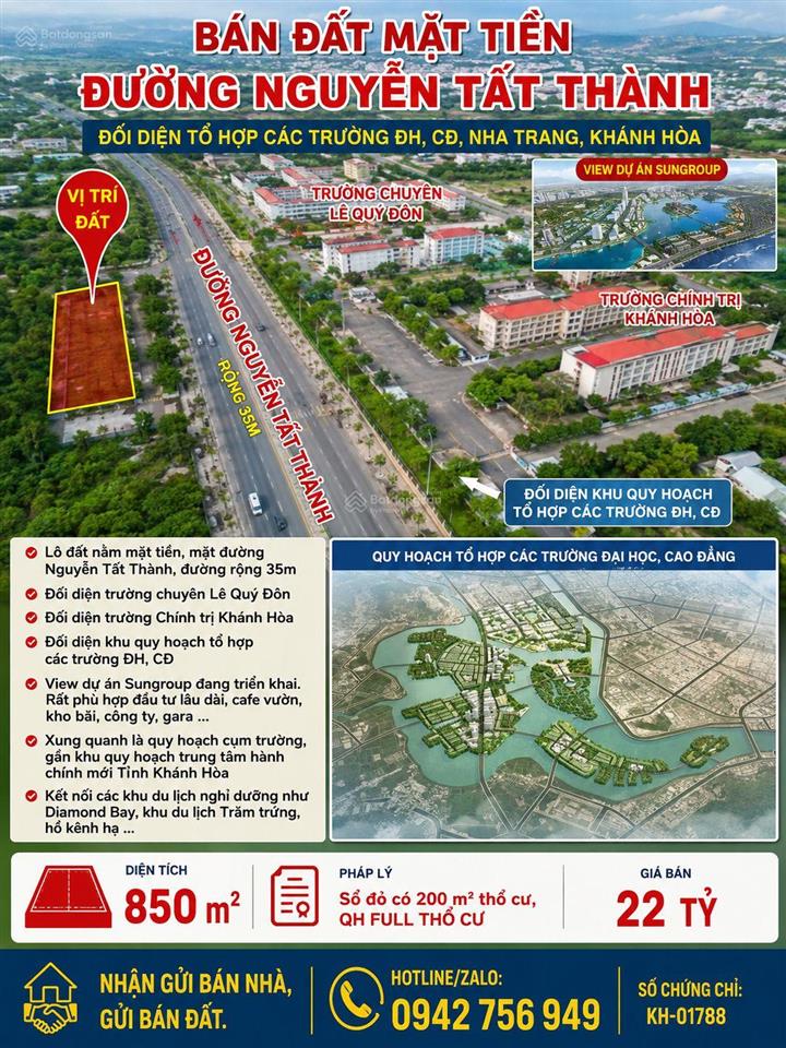 Bán đất mặt tiền đường nguyễn tất thành, đối diện tổ hợp các trường đh, cđ, nha trang, khánh khòa.