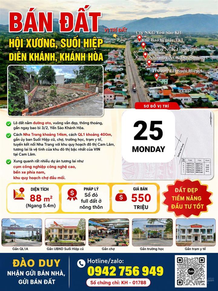 Bán đất hội xương, suối hiệp, diên khánh, khánh hòa. lô đất nằm đường oto, vuông vắn đẹp