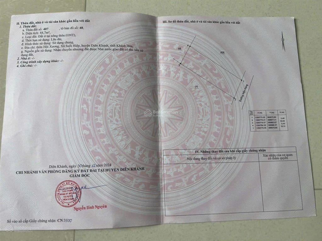 Bán đất hội xương, suối hiệp, diên khánh, khánh hòa. lô đất nằm đường oto, vuông vắn đẹp