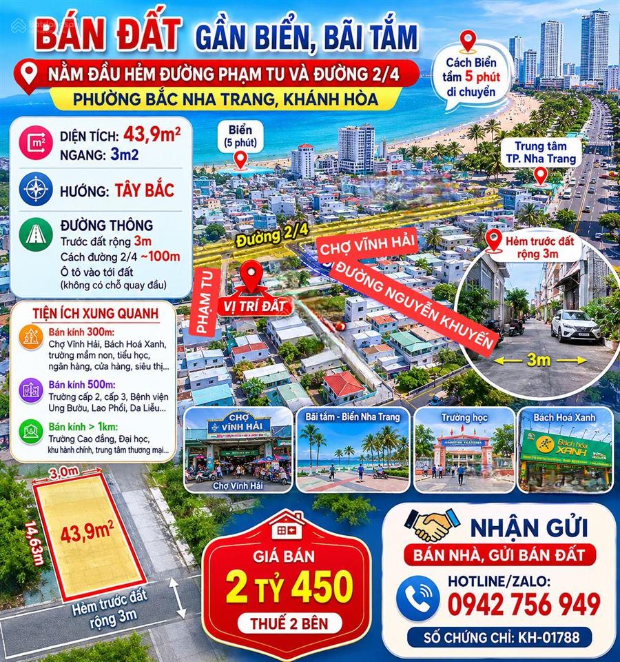 Bán đất gần biển, bãi tắm, nằm đầu hẻm đường phạm tu và đường 2/4, phường bắc nha trang, khánh hòa.