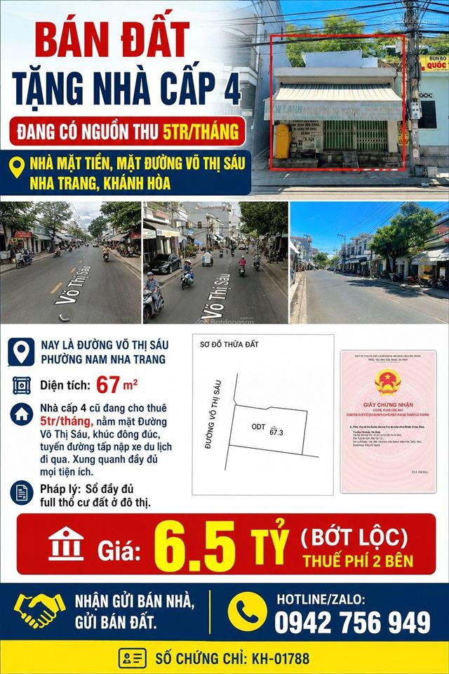 [rrrr]bán đất tặng nhà c4 đang có nguồn thu 5tr/tháng, nhà mặt tiền,mặt đường võ thị sáu, nha trang