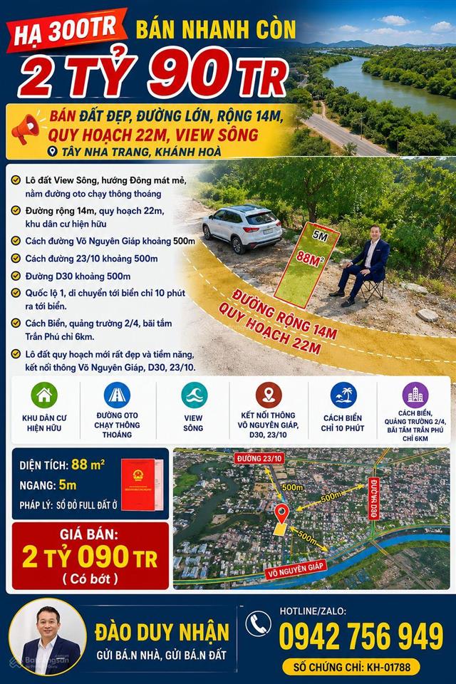 Bán đất đẹp, đường lớn, rộng 14m, quy hoạch 22m, view sông, tây nha trang, khánh hoà.