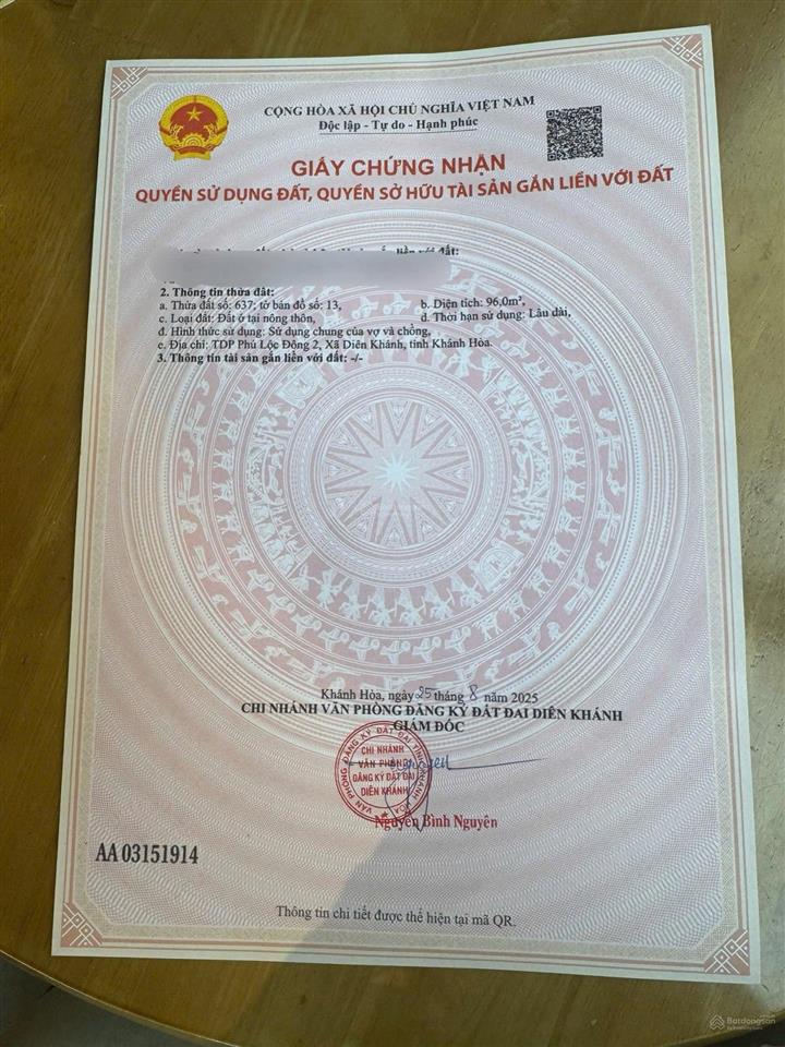 Bán đất lô góc đẹp, khu tđc bầu gáo, diên khánh, khánh hòa. diện tích 96m (ngang 7,23m)