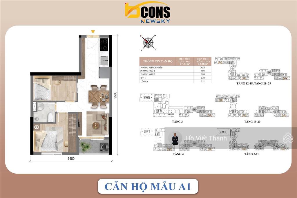 Bán căn hộ 2pn 1wc 47m2 tại bcons new sky, giá 2,463 tỷ   0901 434 ***