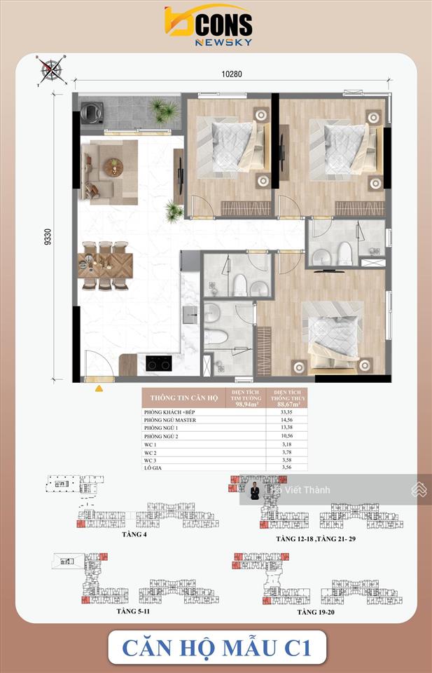Hot căn góc hoa hậu 3pn 3wc bcons new sky  98,5m2  giá 4 tỷ 369 triệu |  0901 434 ***
