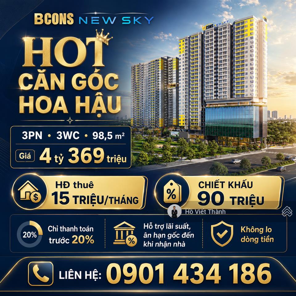 Hot căn góc hoa hậu 3pn 3wc bcons new sky  98,5m2  giá 4 tỷ 369 triệu |  0901 434 ***