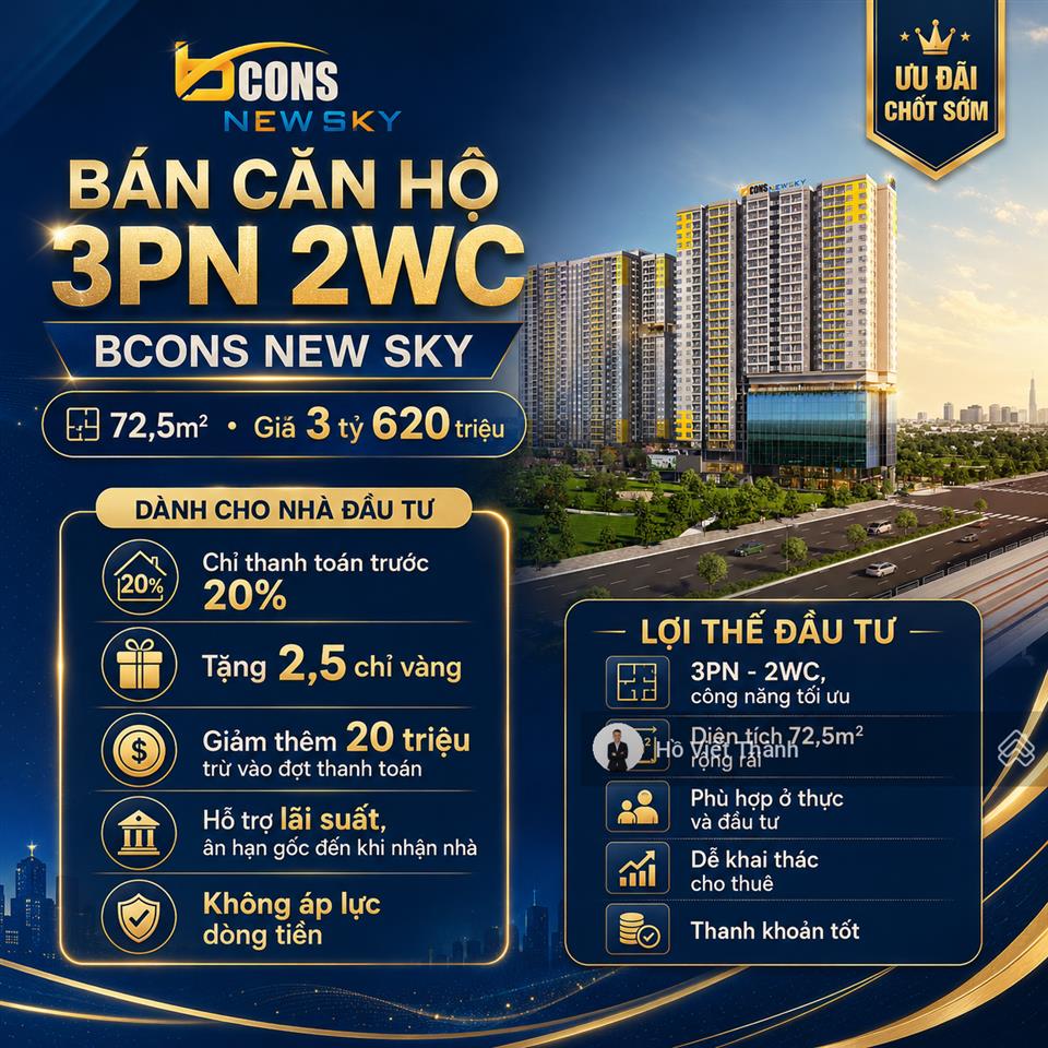 Bán căn hộ 3pn 2wc bcons new sky  72,5m2  giá 3 tỷ 620 triệu chỉ thanh toán trước 20%