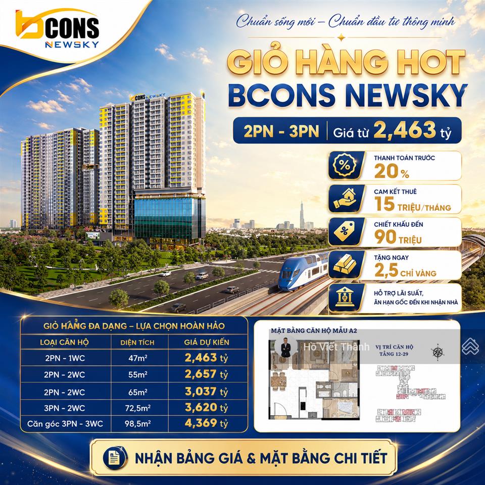 Giỏ hàng căn hộ bcons newsky giá tốt, cam kết thuê 15 triệu/tháng, ck 90 triệu, tặng 2,5 chỉ vàng