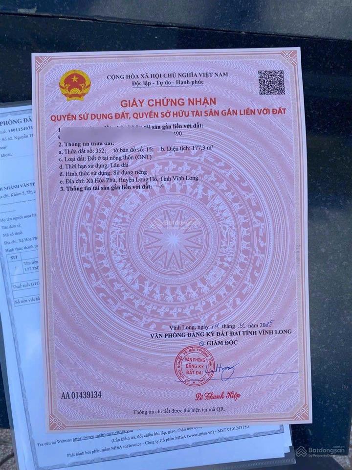 Bán nền mặt tiền đt 909b, hoà phú, long hồ, vĩnh long (đoạn đầu phú lộc  bàu gốc)
