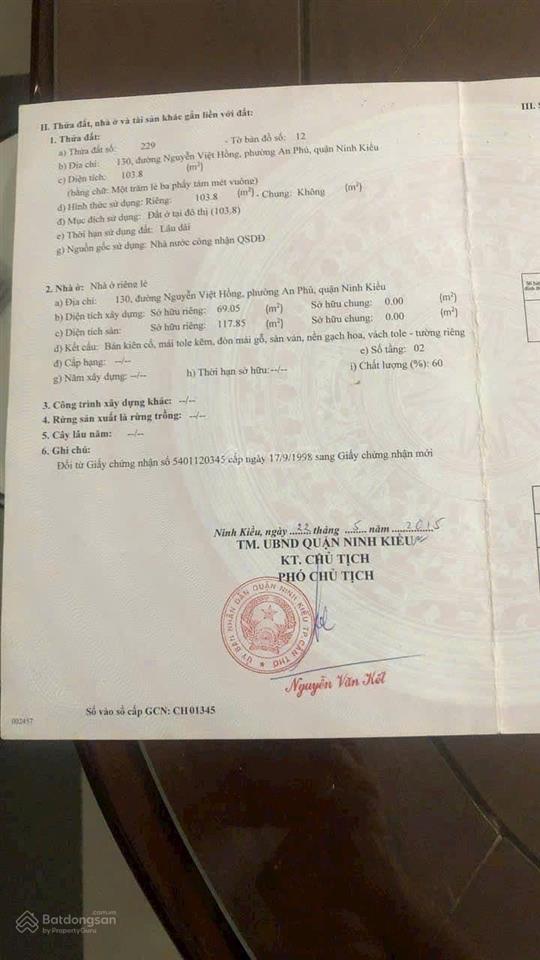 Bán nhà cấp 4 ngang 5,3 mét mặt tiền nguyễn việt hồng, đang cho thuê, p. an phú, q ninh kiều, tpct