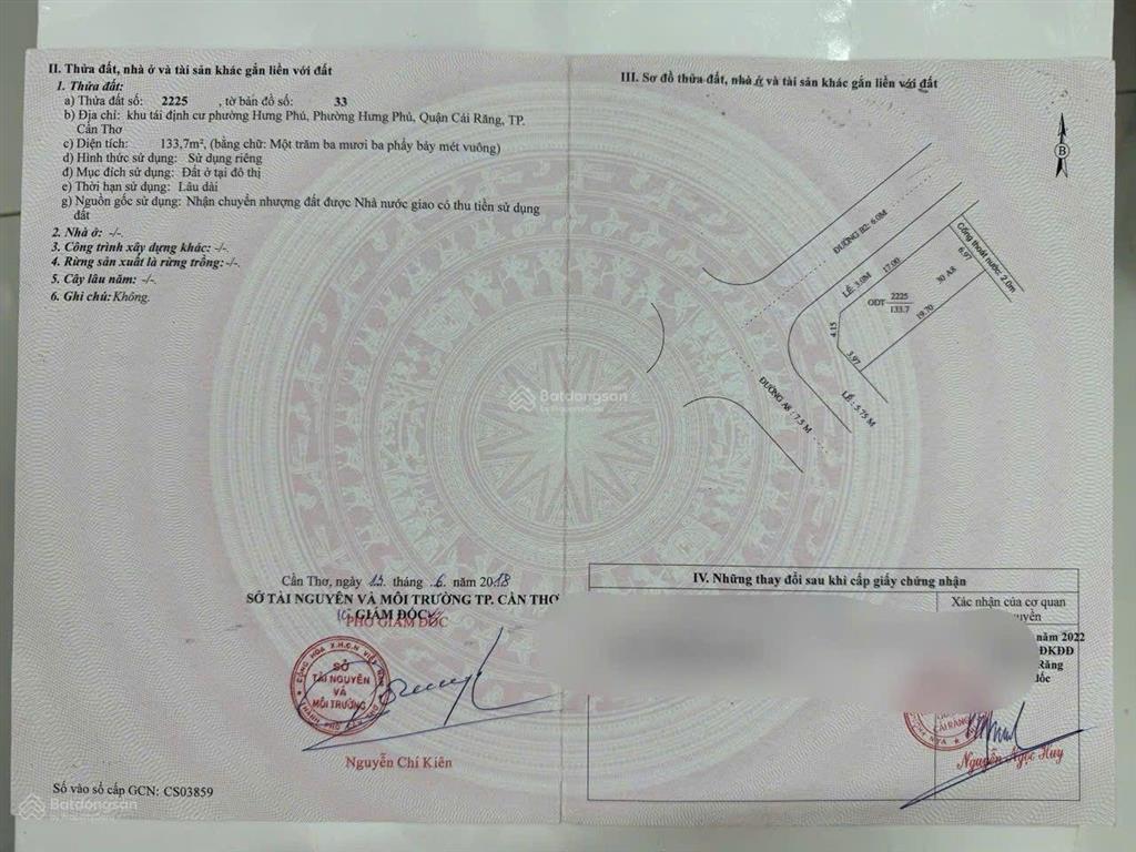 Bán nền 133.7m2 7,5 tỷ góc 2 mặt tiền a8 và b2 hưng phú, tp cần thơ