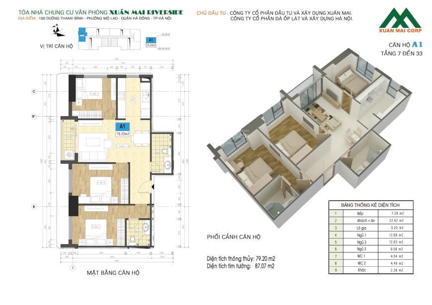 Căn hộ đẹp nhiều tiện ích tại xuân mai riverside, 6 tỷ vnd, 87.22m2, 3pn 2wc, full nội thất