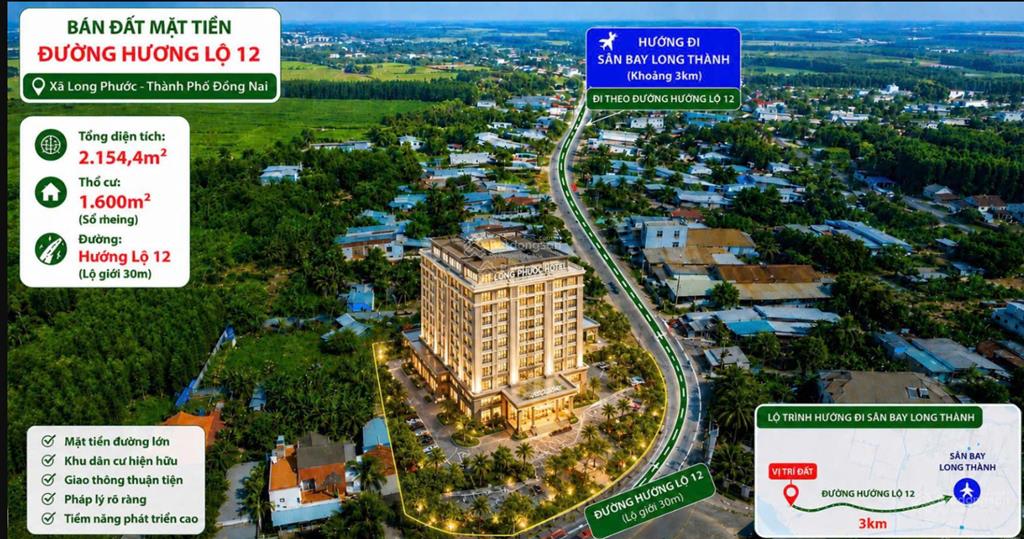 Bán 2.154,5m² đất thổ cư 1.600m² hơn 100m mặt đường hương lộ 12 cửa ngõ sân bay long thành