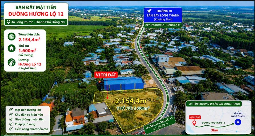 Bán 2.154,5m² đất thổ cư 1.600m² hơn 100m mặt đường hương lộ 12 cửa ngõ sân bay long thành