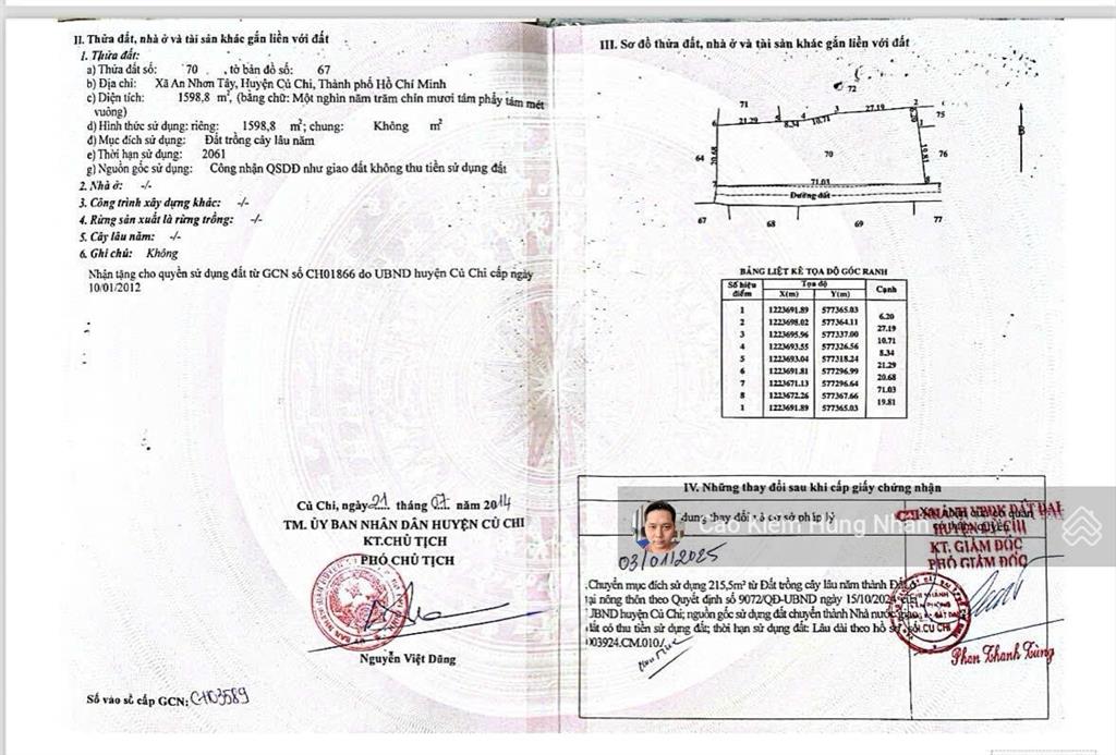 Bán đất xã an nhơn tây 1598m2 thổ cư 215m2. giá bán 4 tỷ có thương lượng