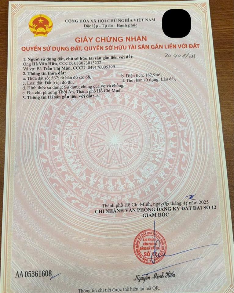 Chính chủ cần bán gấp đất thổ cư 182,9m² Quận 12