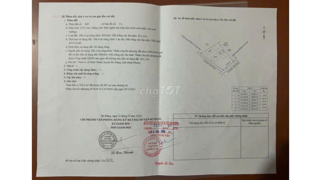 BÁN NHANH đất 1.221m² Bù Đăng Bình Phước – 400m² thổ cư chỉ 1,5 tỷ