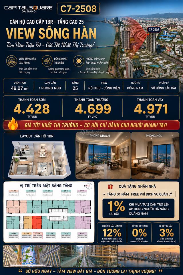 Cần bán loại căn 1pn giá 4,4 tỷ nhận nhà cuối năm 2027 capital square mặt sông hàn