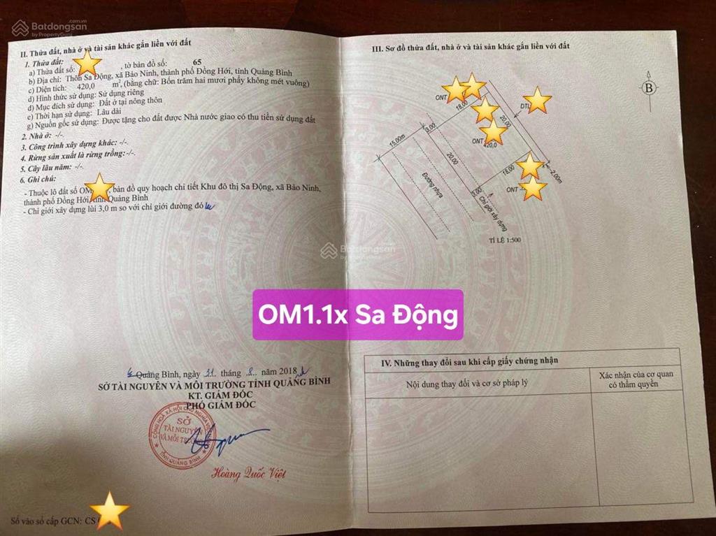 Kđt sa động, bảo ninh, đồng hới, quảng bình, chính chủ gửi bán cặp lô bt om1.1x (840m2, 23 tỷ)