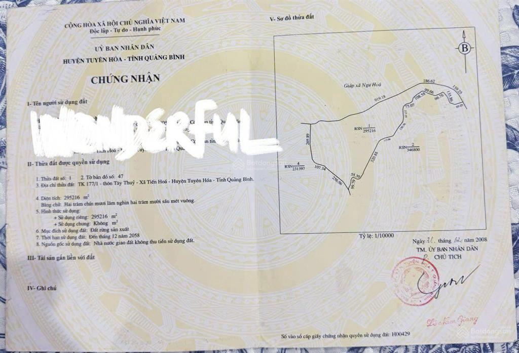 Bán lô đất rừng sản xuất hơn 163 hécta (ha) tại tiến hoá  tuyên hoá quảng bình (chỉ 2.900đ/m2)
