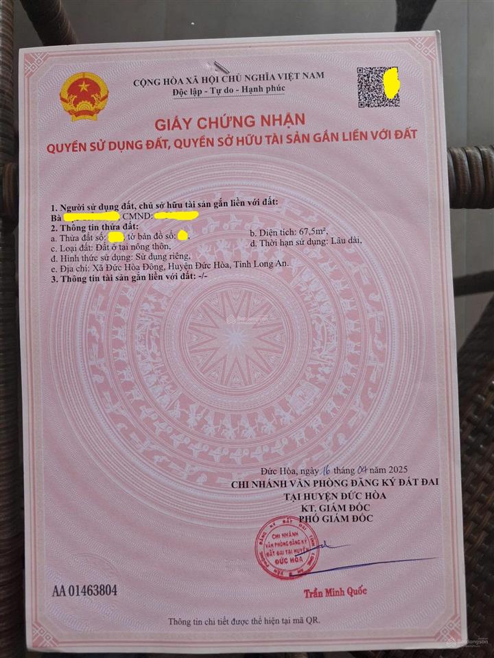Bán lô 4.5x15m (67.5m2)  100% thổ cư. đường nhựa trước nhà 8.5m. từ tỉnh lộ 10  vào 400m