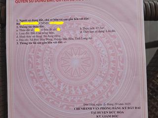 Bán lô 4.5x15m (67.5m2)  100% thổ cư. đường nhựa trước nhà 8.5m. từ tỉnh lộ 10  vào 400m