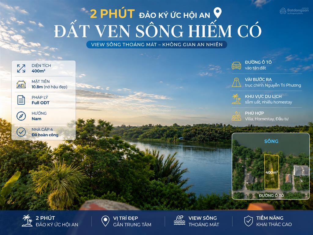View sông hội an 401m2 full odt 2 phút đảo ký ức, phố cổ hội an  phù hợp villa & boutique stay