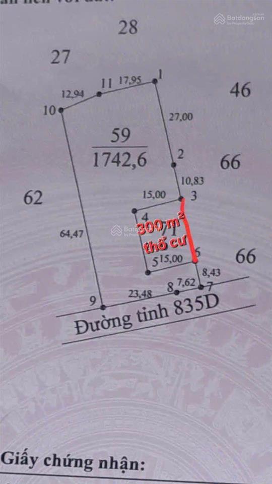 Bán 2042m2 có 300m2 thổ cư, dt (31 x 67), mt đường 835d xe tải xe công chạy giá 15 tỷ tl