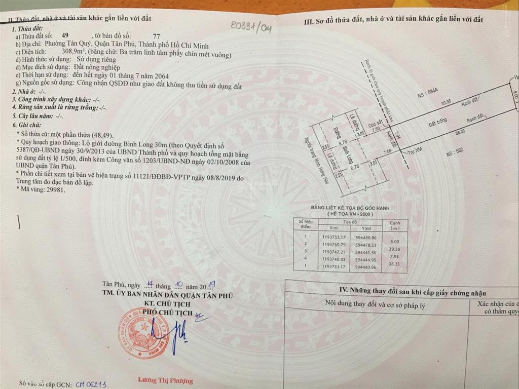 Bán đất mt 8mx36m 582 đường bình long, tân phú, hồ chí minh