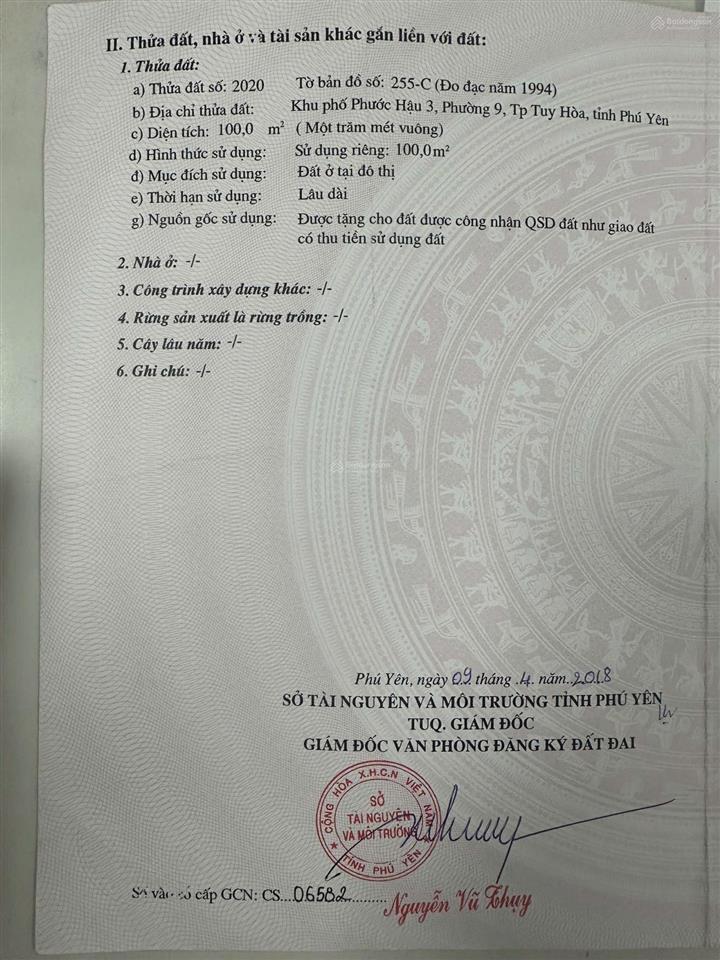 Bán lô đất 100m2 đường nguyễn trung trực, tp. tuy hòa. giá 1,35 tỷ.