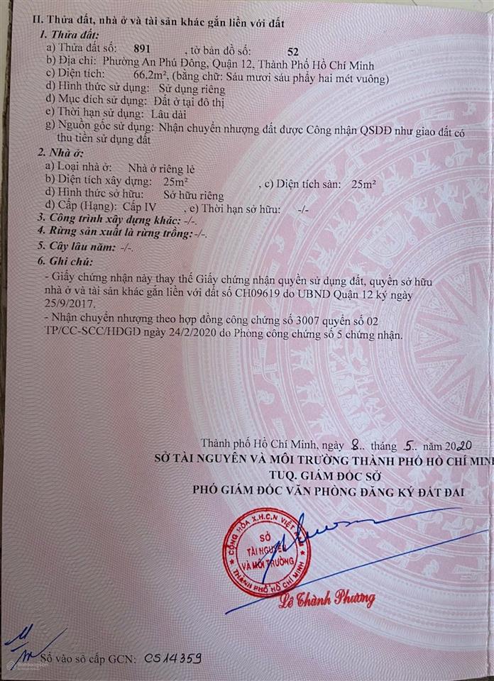 Bán đất 5 x 14, khu bàn cờ, vườn lài an phú đông. cách bờ kè 900 m, đường lớn. giá 7,2 tỷ tl