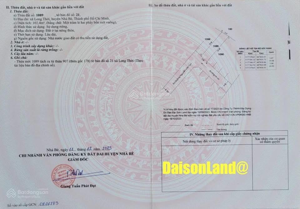 Bán đất nền thổ cư 102m2 tại xã long thới cũ (mới là hiệp phước)