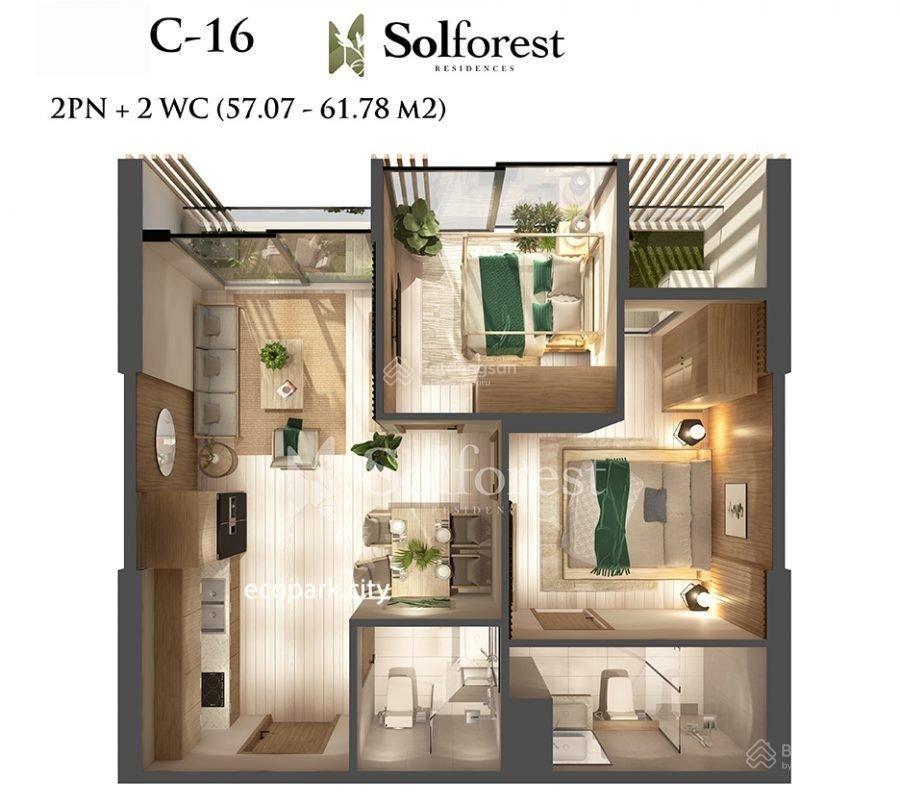 Giá siêu tốt solforest 2n2wc 58m2 view bt dảo giá bán 4,3xx bao phí