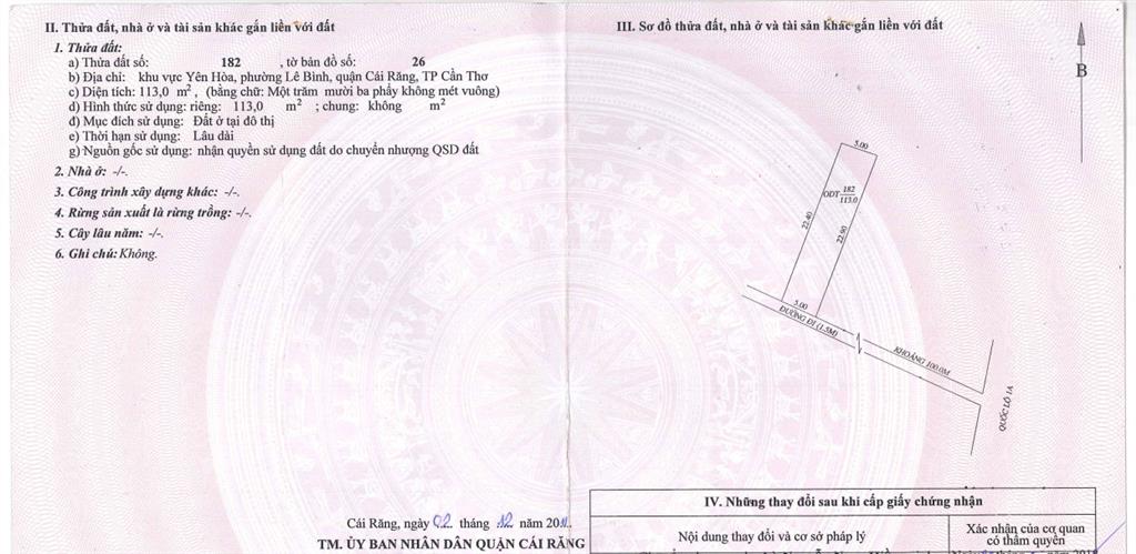 Bán đất tại hẻm đường phạm hùng, lê bình, cái răng, cần thơ, 1,2 tỷ, 113m2 đẹp, thương lượng