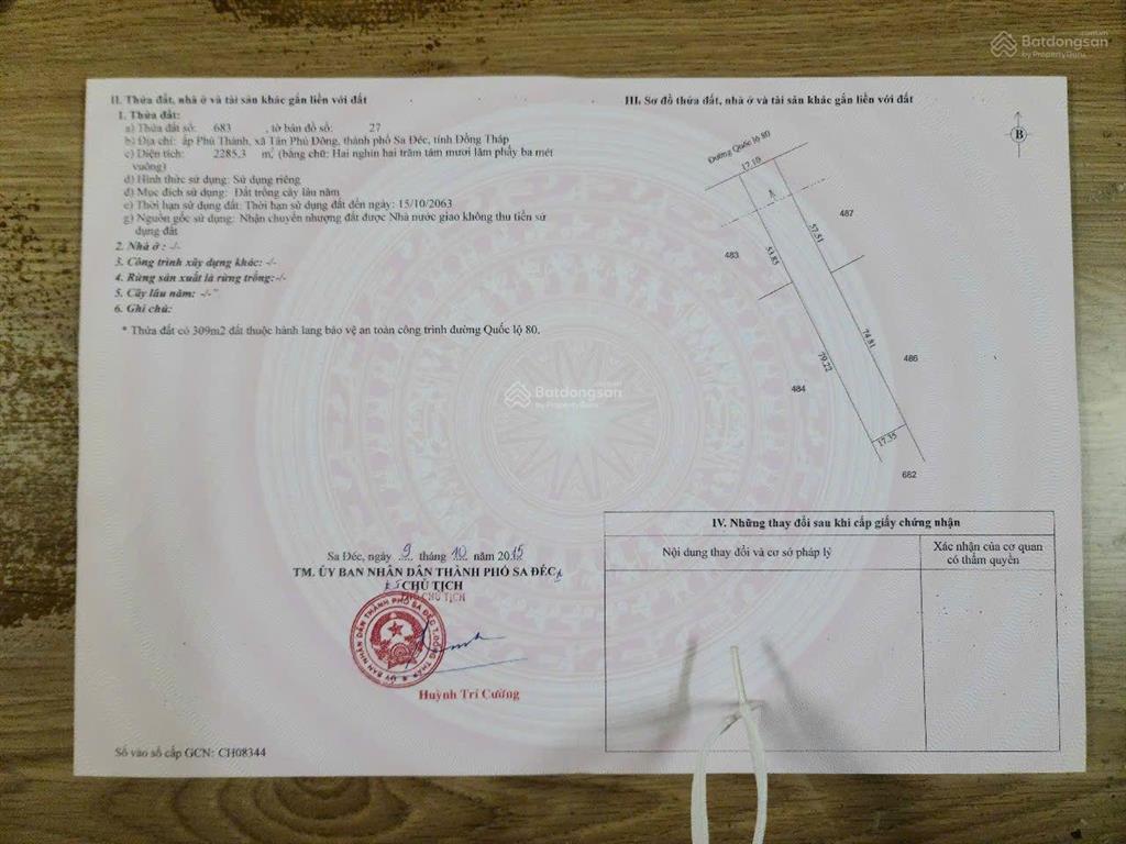 Chính chủ bán đất mặt tiền đường quốc lộ 80 sa đéc  đồng tháp, dt 2684m2, giá 4,7 triệu/m2