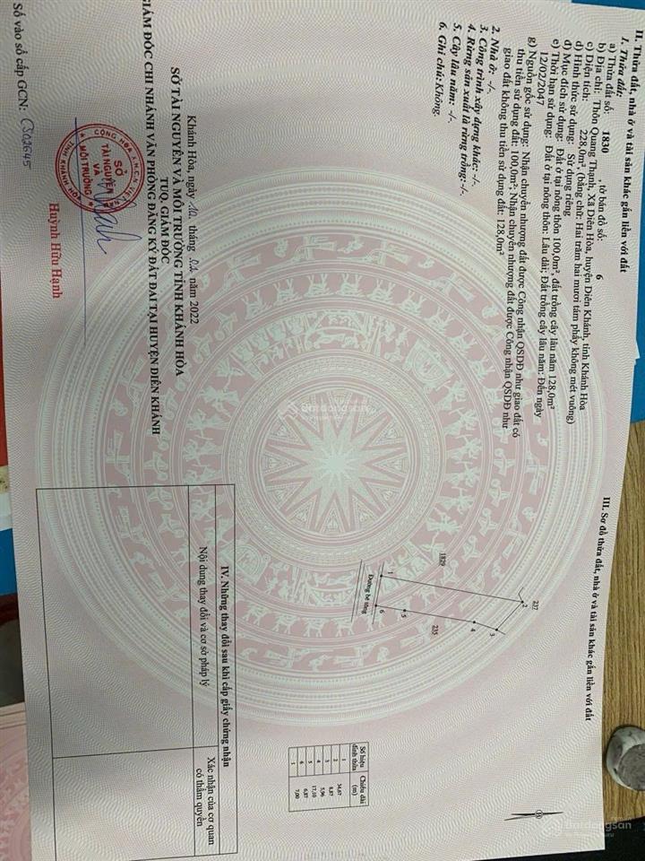 Đất diên khánh giá tốt 228m2 giá chỉ 6tr/m2 ngang rộng đường oto