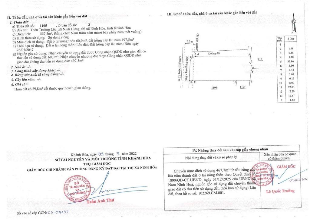Lô ninh hưng ninh hoà 528m2 full thổ lô góc tách được 5 lô giá chỉ 2ty250